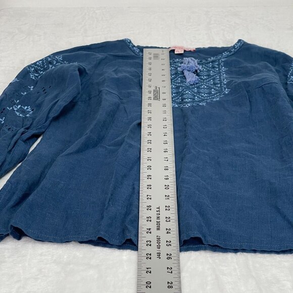 Slobozhanka Embroidered Chambray Top Size Large USA 14 Blue Tasseled Long Sleeve - Picture 7 of 7